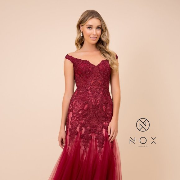 NEW LONG OFF THE SHOULDER SLEEVELESS CHIFFON DRESS EMBROIDERED WITH LACE NX J325 - Picture 1 of 8